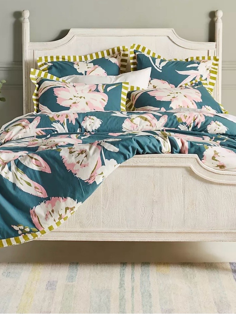 Anthropologie Teal Floral Duvet Cover with Pink Blooms and Olive Stripe Trim